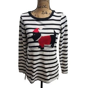 French Laundry Medium Black White Striped‎ Scottie Dog Holiday Christmas Top